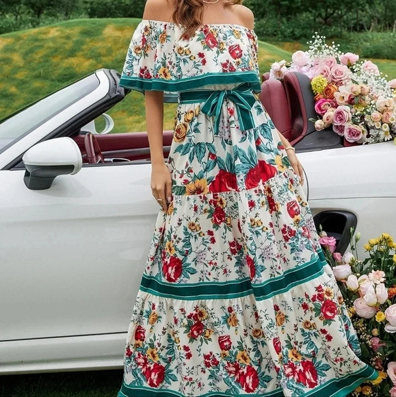 Dresses & Skirts - Floral Print Off Shoulder Ruffle Hem Belted Dress